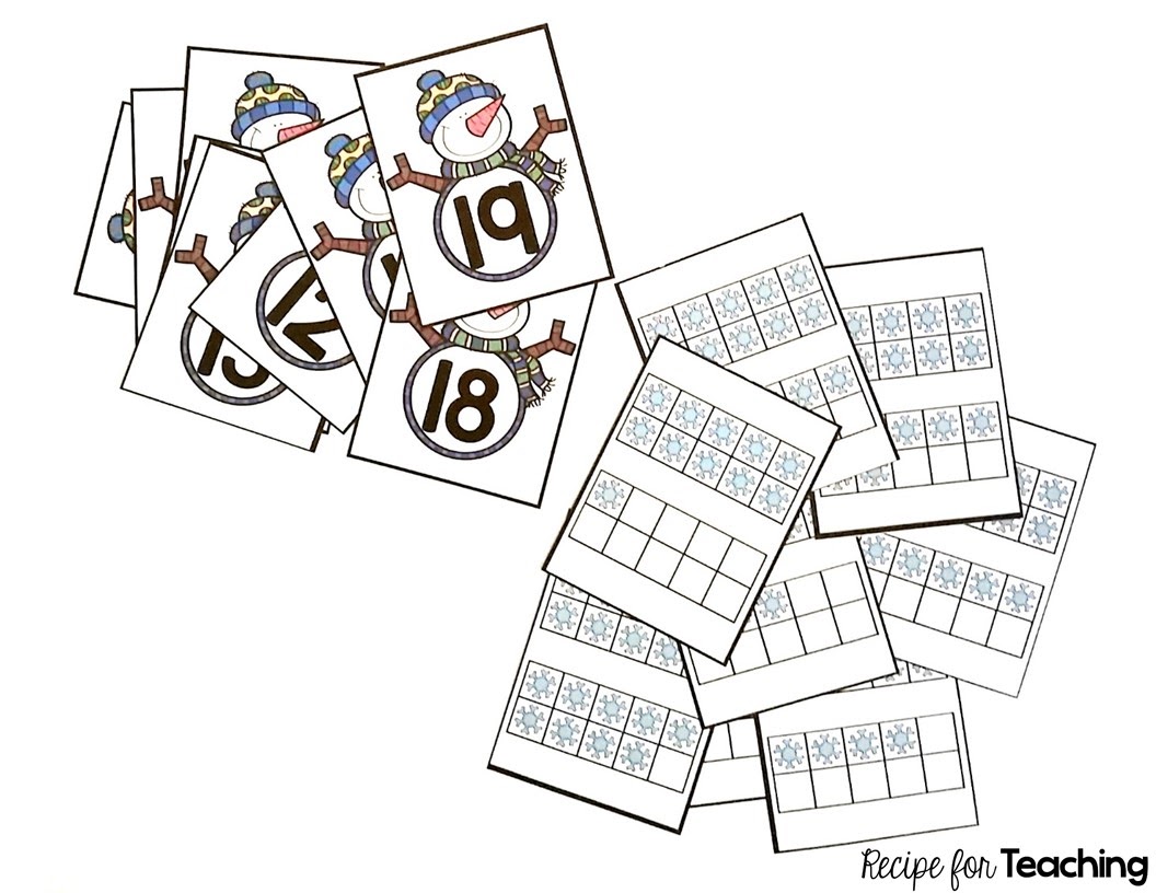 Snowman teen number and ten frame match