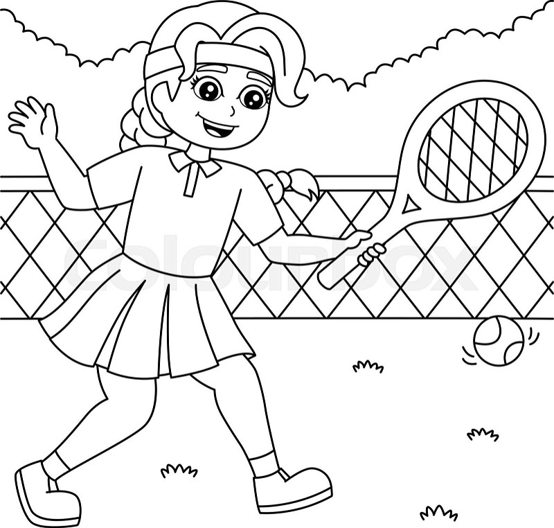 Girl playing tennis coloring page for kids stock vector