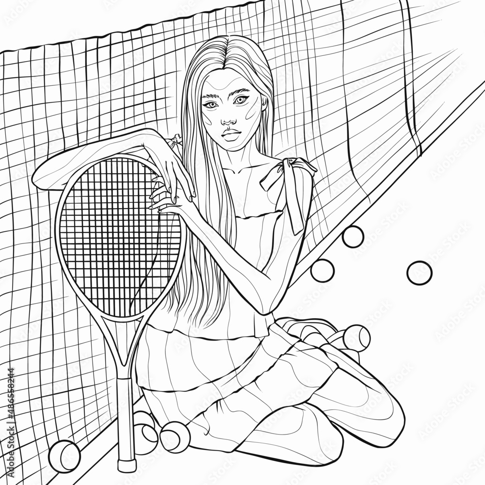 Girl on the tennis courtcoloring book antistress for children and adultsillustration isolated on white backgroundzen