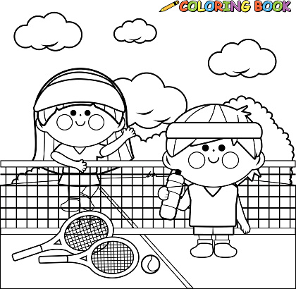 Kids tennis players at tennis court coloring book page stock illustration