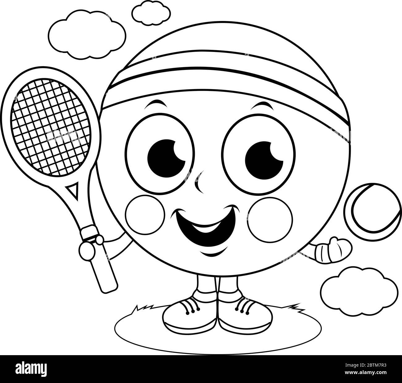 Tennis ball character playing tennis vector black and white coloring page stock vector image art