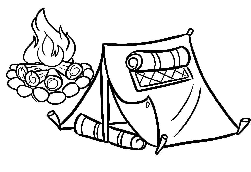 Campfire and tent coloring page