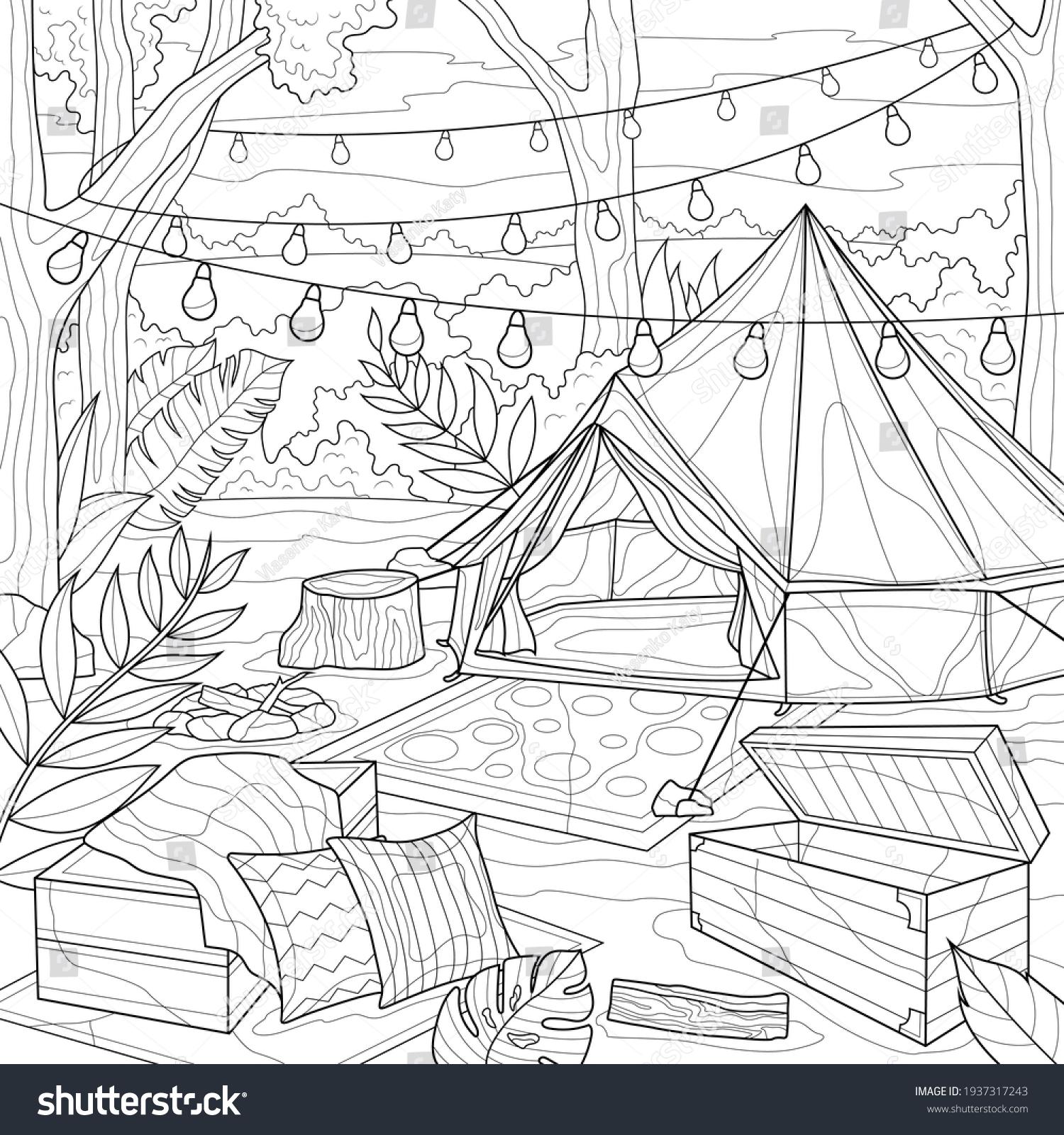 Tent forest lanterns campingcoloring book antistress stock vector royalty free