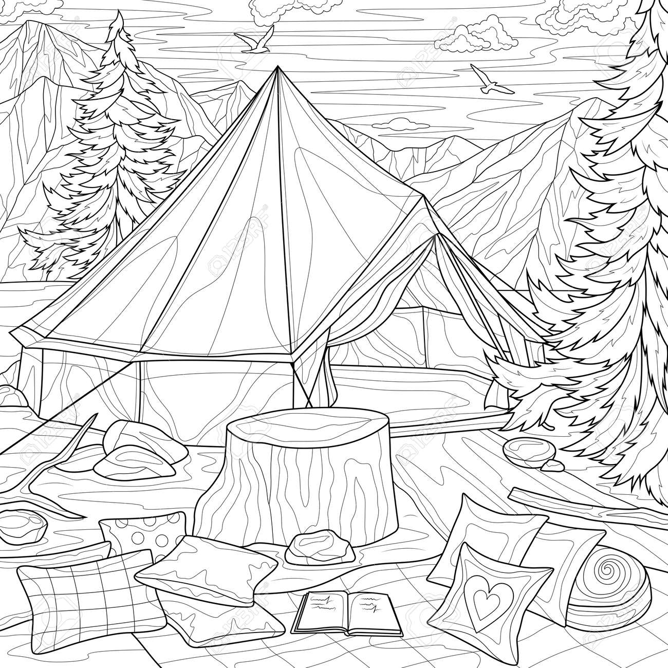 Campingtent among mountains and firslandscapecoloring book antistress for children and adults illustration isolated on white backgroundblack and white drawingzen