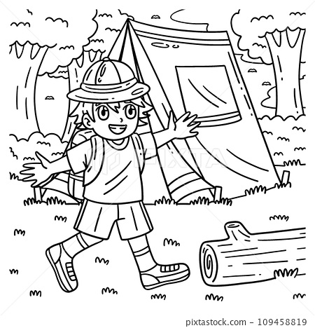 Camping camper in front of tent coloring page