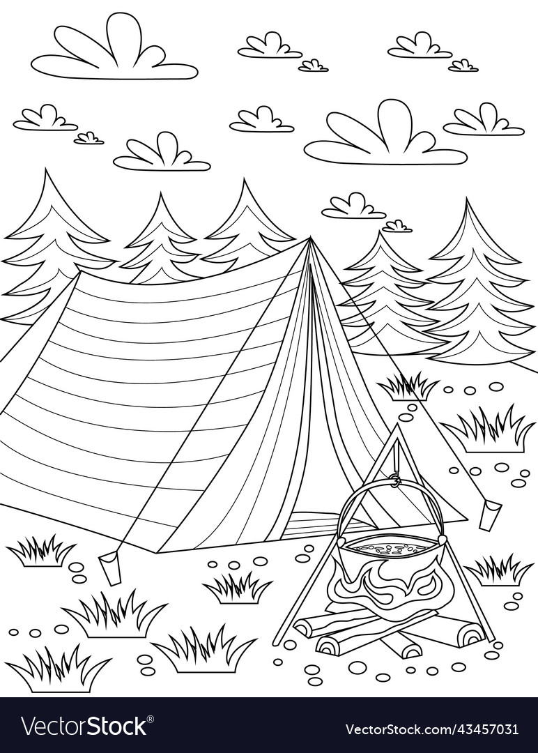 Coloring book page with tent placed in nature vector image