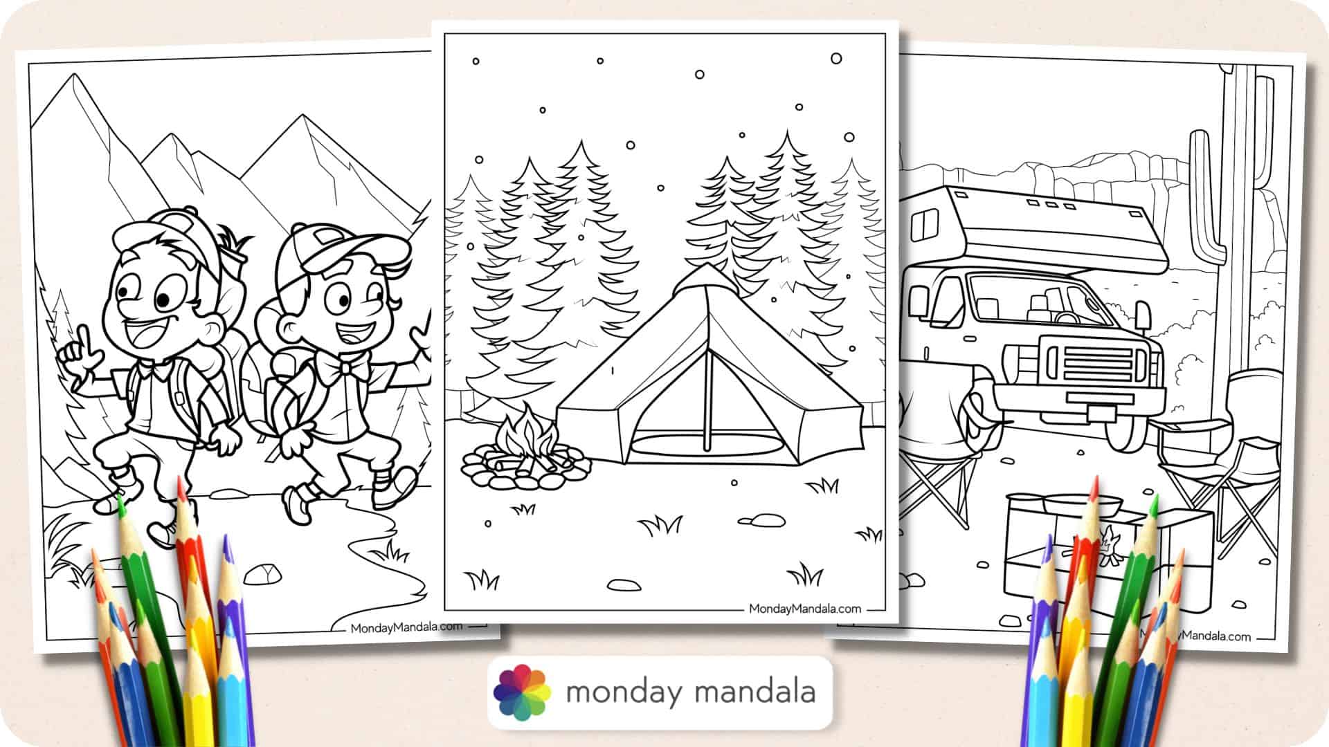 Camping hiking coloring pages free pdf printables