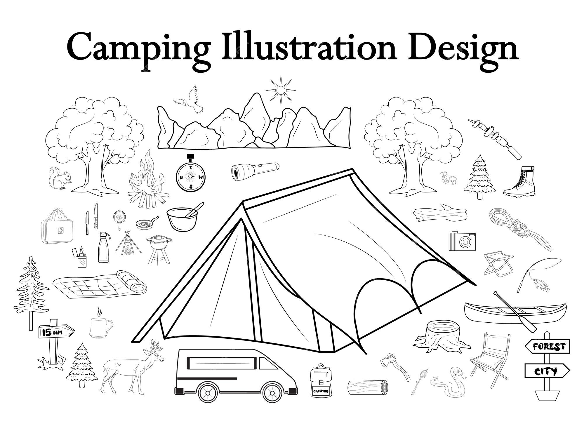 Premium vector camping equipment bush craft hiking and illustration items outline doodle set premium vector