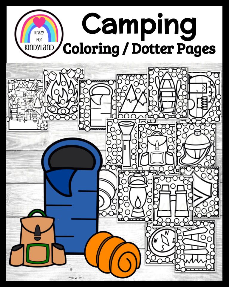 Camping coloring dauber page booklet for summer tent backpack canteen