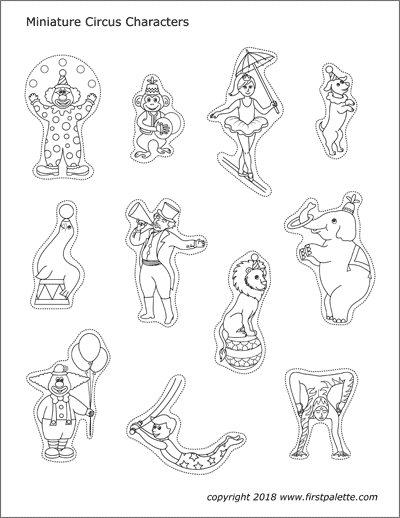 Miniature circus characters free printable templates coloring pages