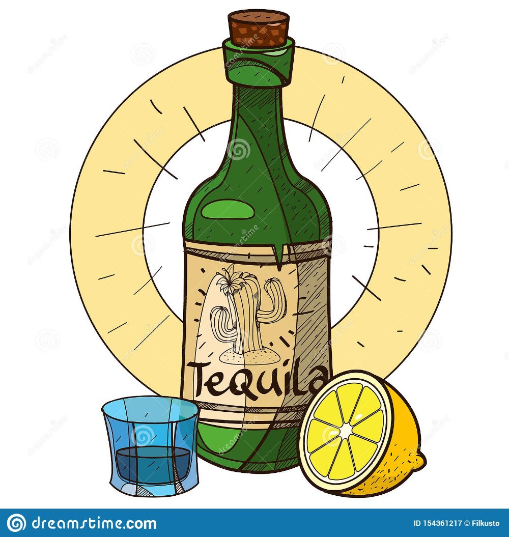 Bottle of tequila and lemon alcohol stock illustration