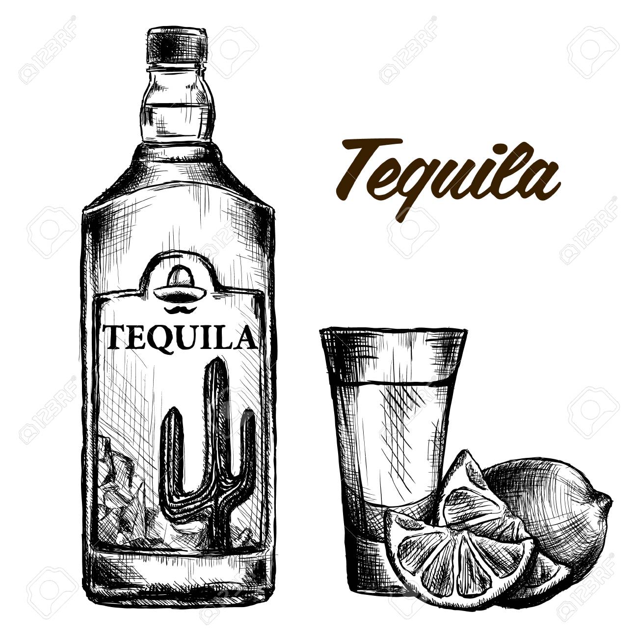 Bottle of tequila with lime and glass painted by hand text and background on separate layers royalty free svg cliparts vectors and stock illustration image