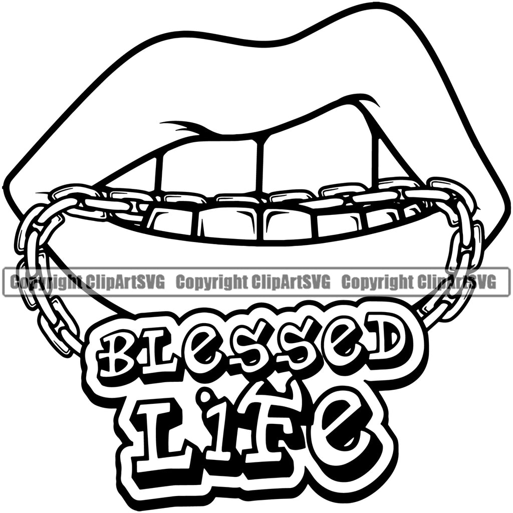 Lips mouth teeth bite biting gold chain necklace blessed life text design element face sexy position