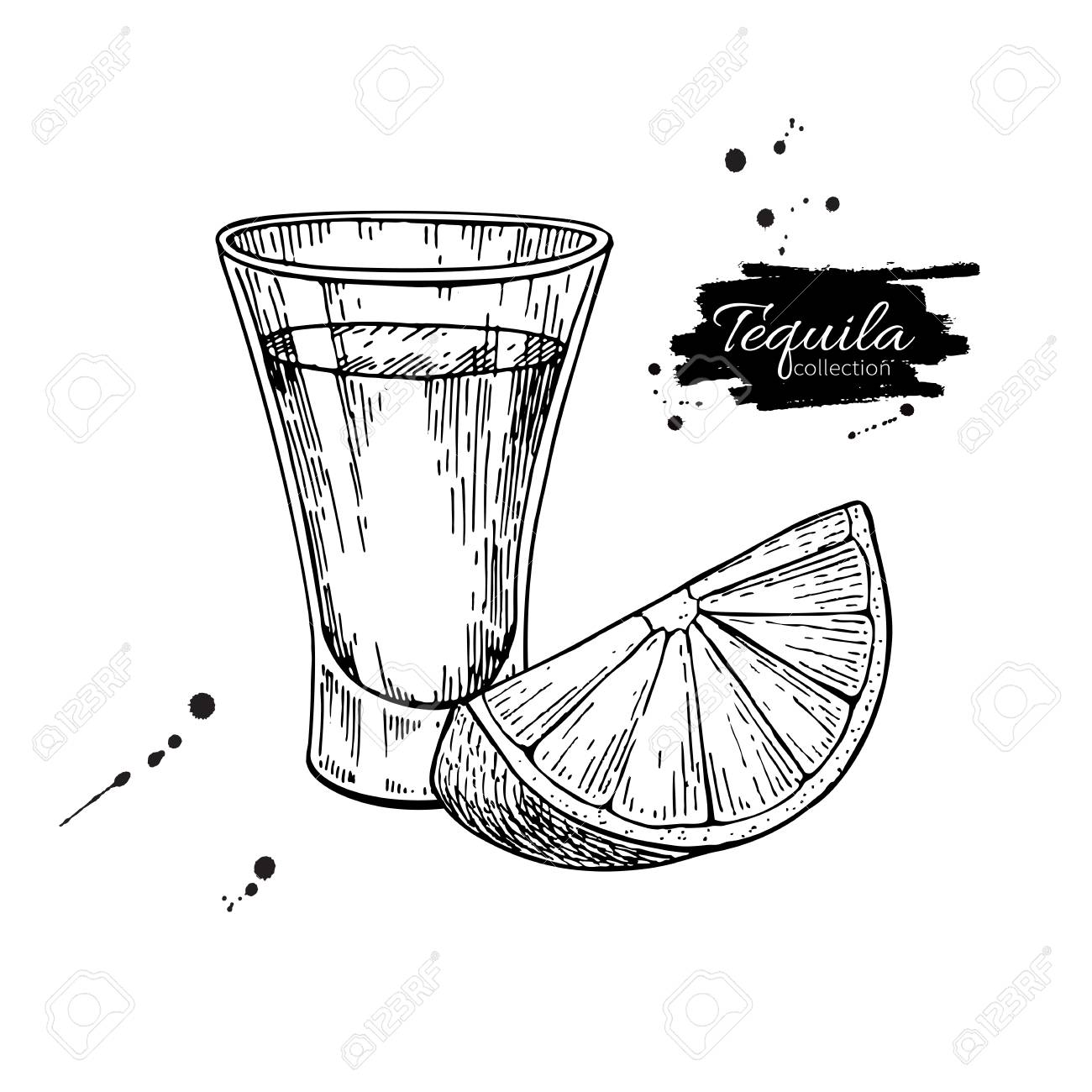 Tequila shot glass with lime mexican alcohol drink vector drawing sketch of shot glass cocktail with citrus fruit slice engraved illustration for label icon bar menu royalty free svg cliparts vectors and