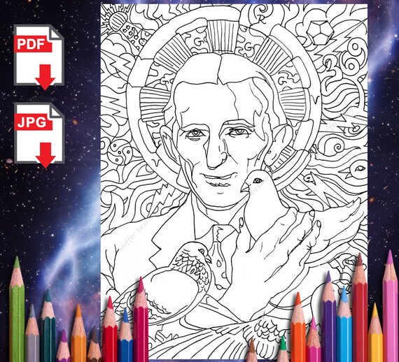 Digital download nikola tesla coloring book tesla w patents pigeons science steam educational coloring page homeschooling back to school download now