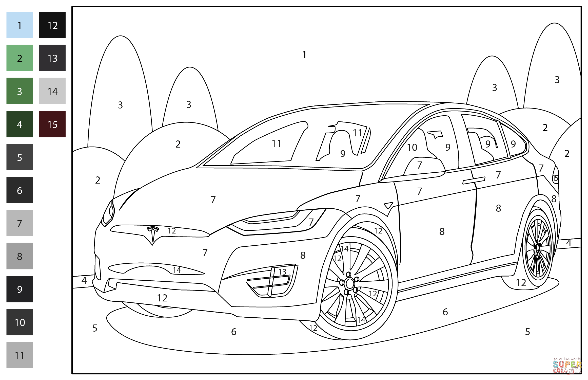 Tesla model x color by number coloring page free printable coloring pages