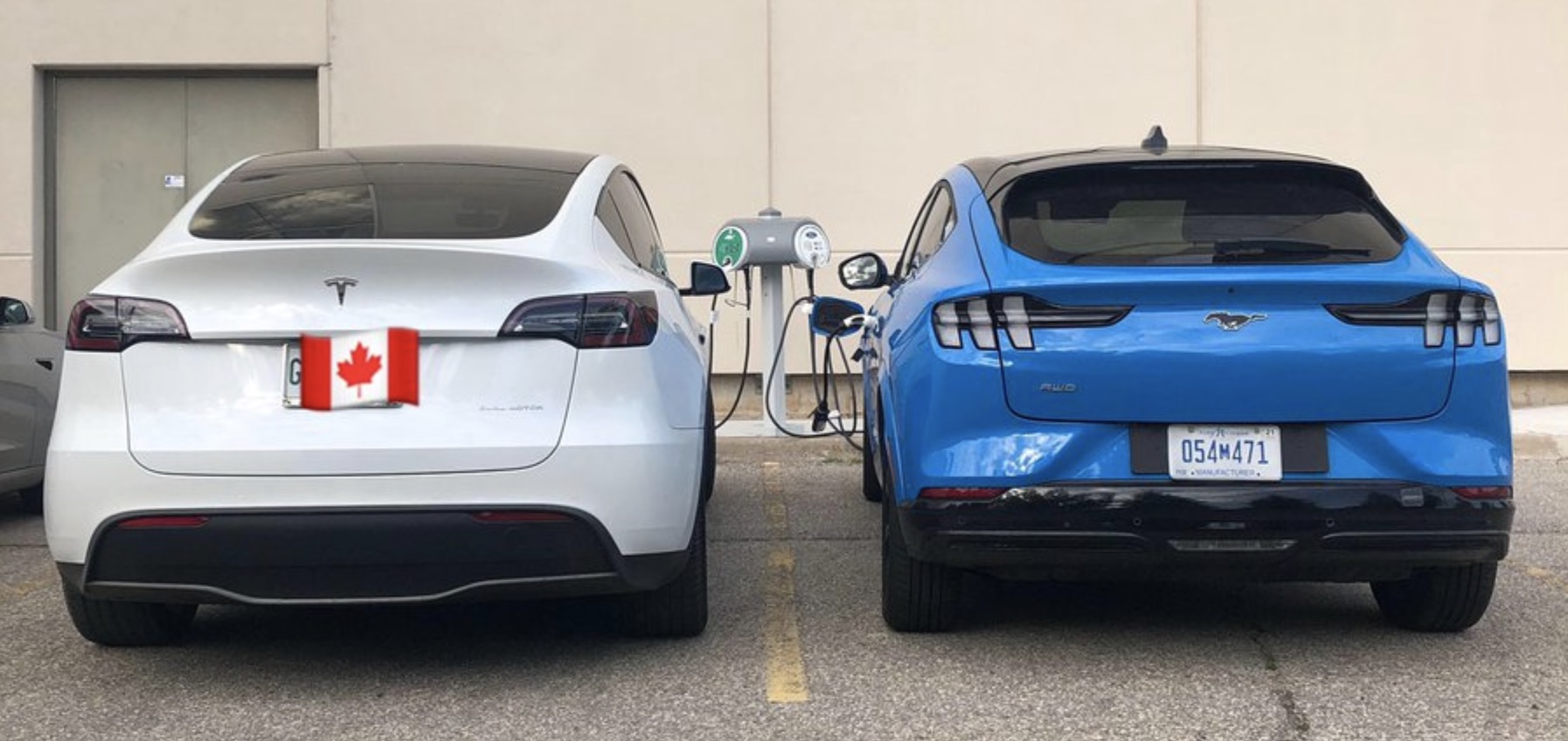 First picture of tesla model y and ford mustang mach