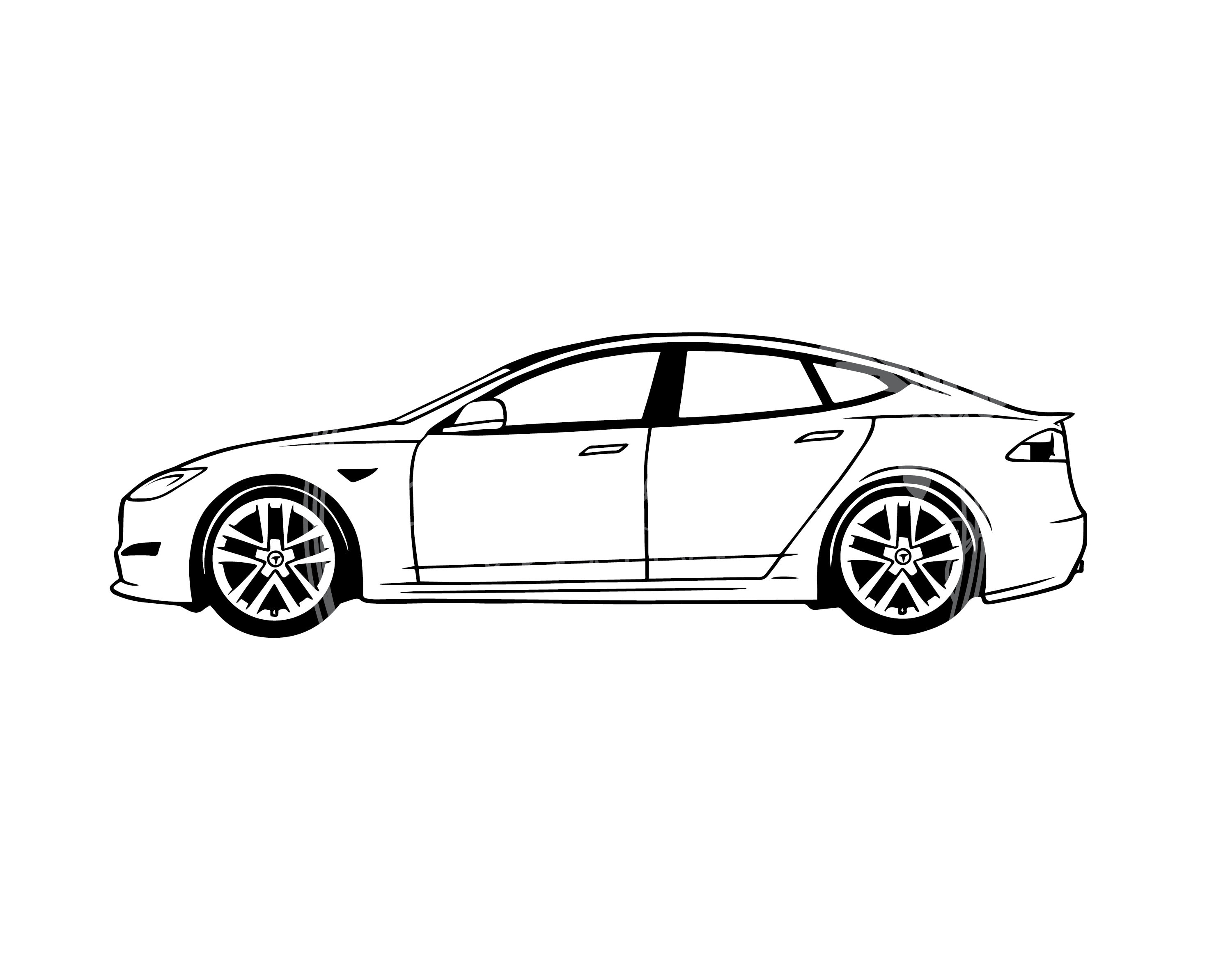 Tesla electric car vehicle line drawingillustration svg digital file download