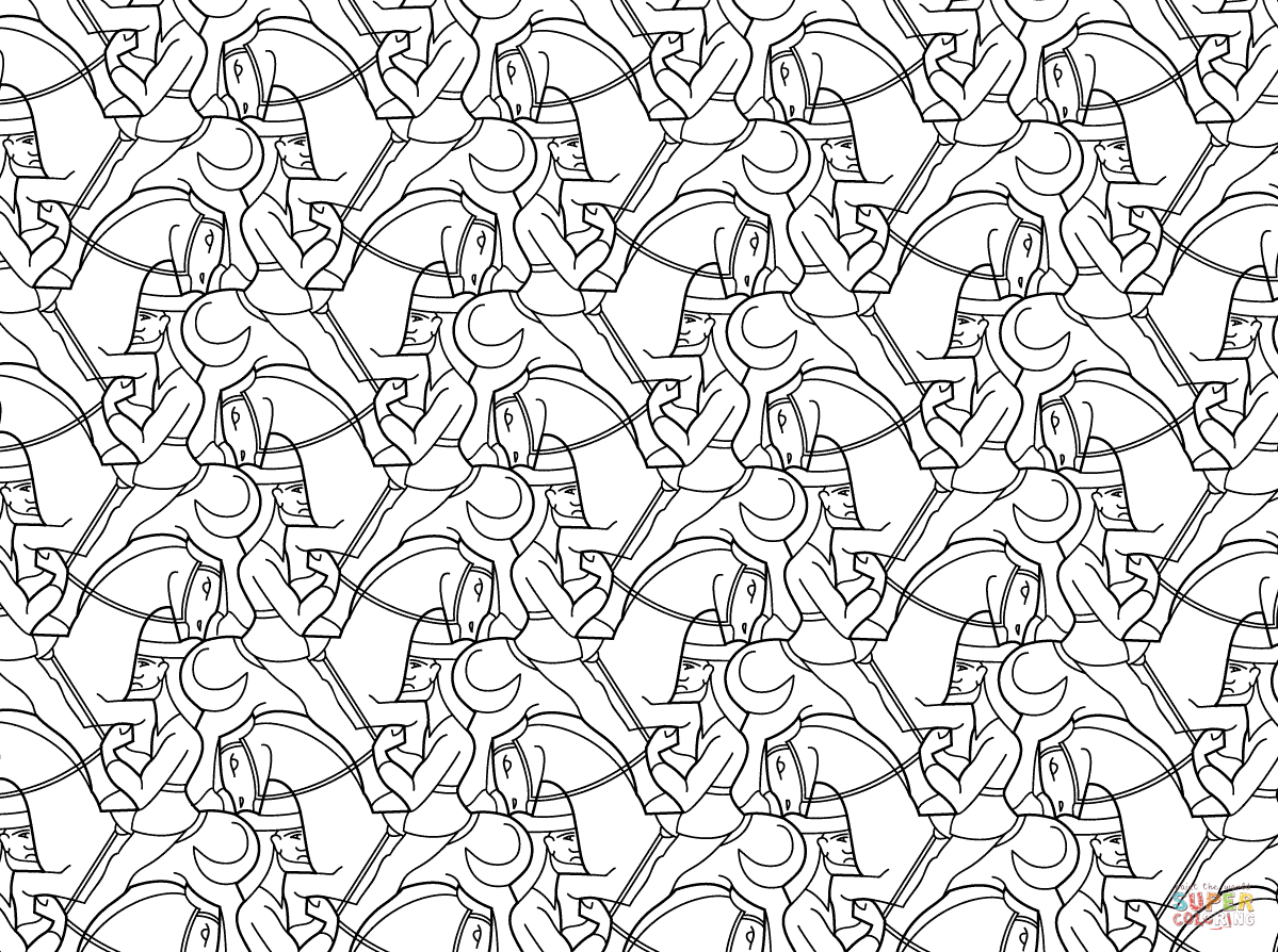 Horseman tessellation by mc escher coloring page free printable coloring pages