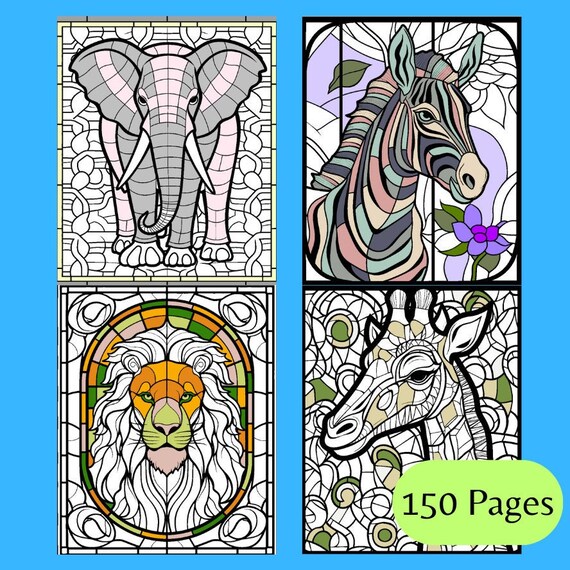 Wild zoo animals coloring page bundle pages stained glass tessellations styles age lions elephants bears giraffes and many more