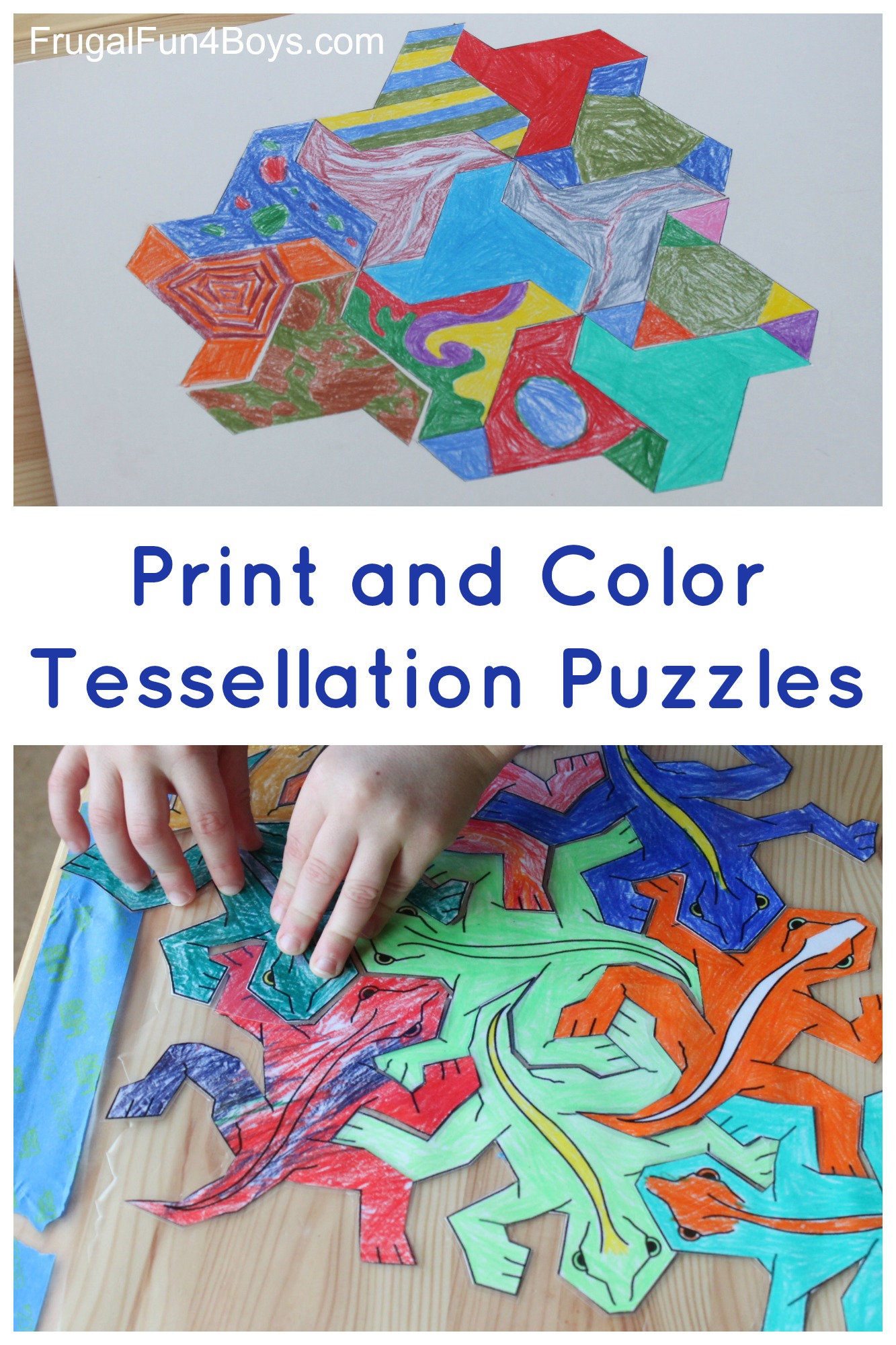 Print and color tessellation puzzles for kids