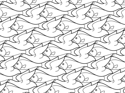 Bird fish tessellation by mc escher coloring page free printable coloring pages