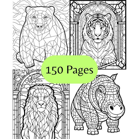 Wild zoo animals coloring page bundle pages stained glass tessellations styles age lions elephants bears giraffes and many more