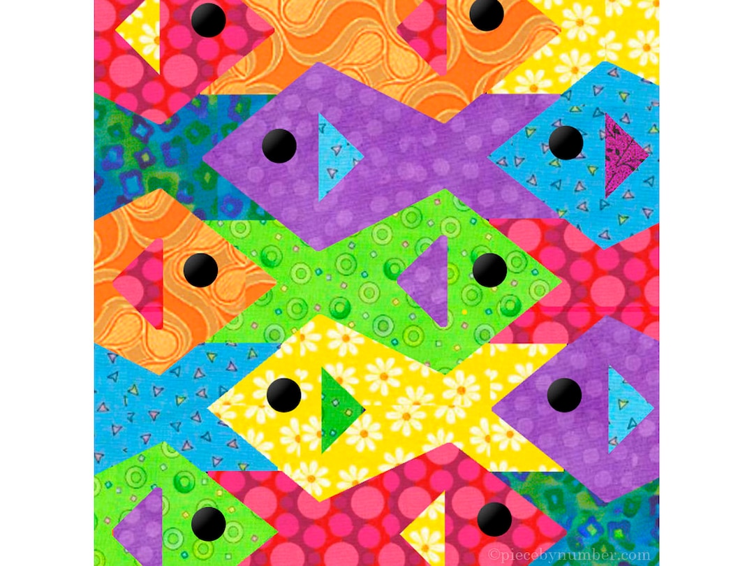 Tessellating fish paper pieced quilt pattern pdf download foundation piecing fpp tessellation interlocked animal ocean marine sea life