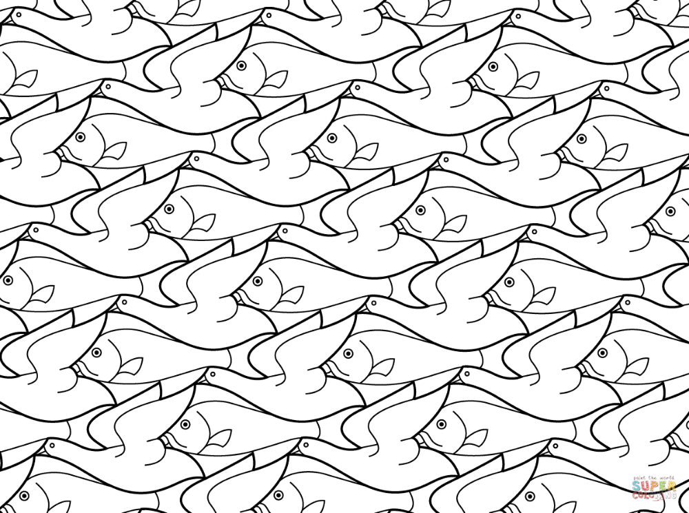 Bird fish tessellation by m c escher coloring page free printable coloring pages â