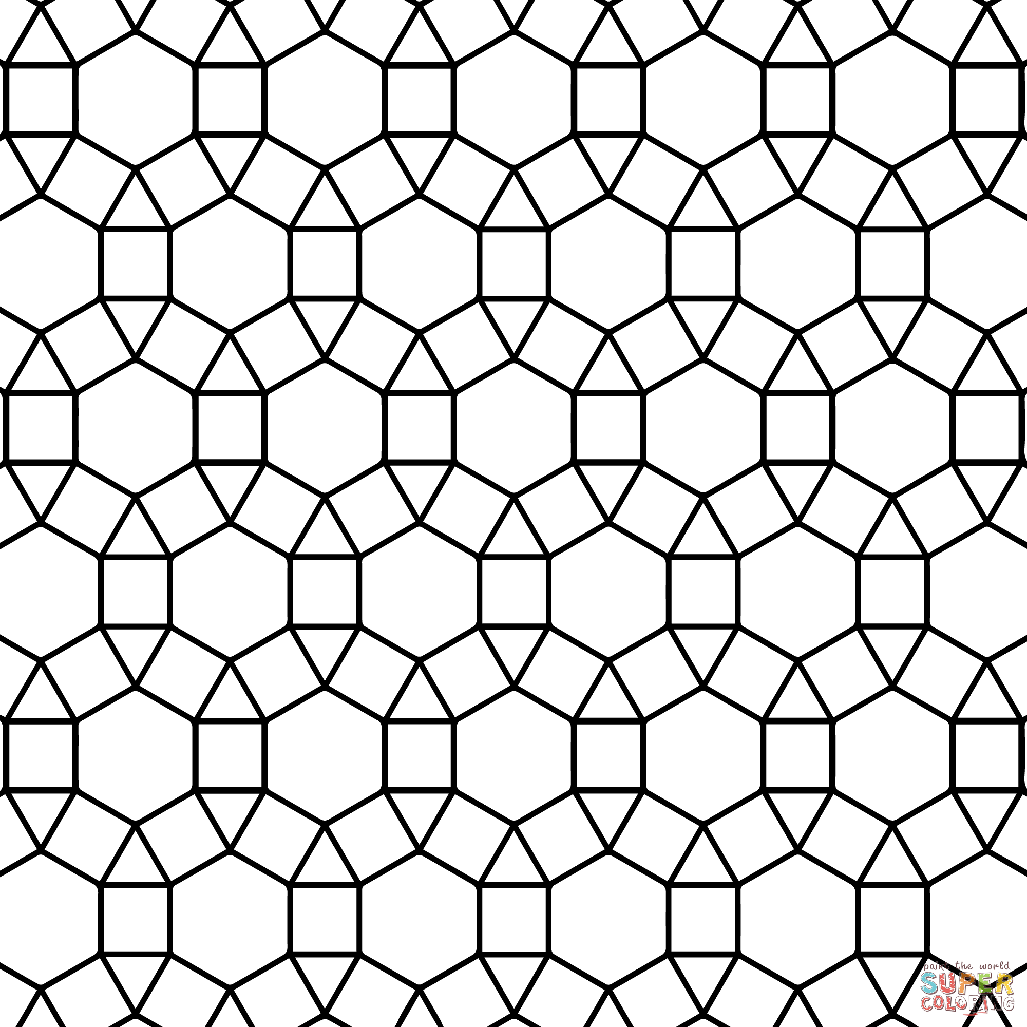 Tessellation with hexagon triangle and square coloring page free printable coloring pages