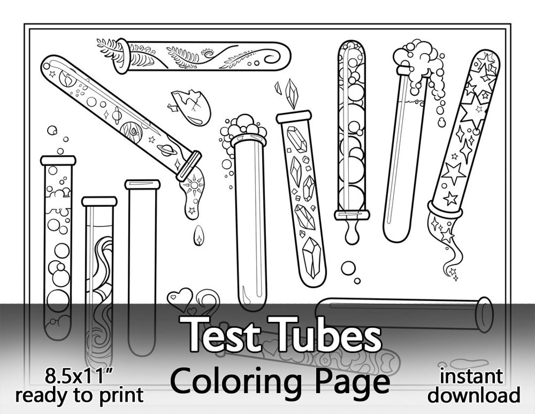 Test tubes coloring page printable digital file mad scientist lab illustration color your own science equipment bubble heart stone star