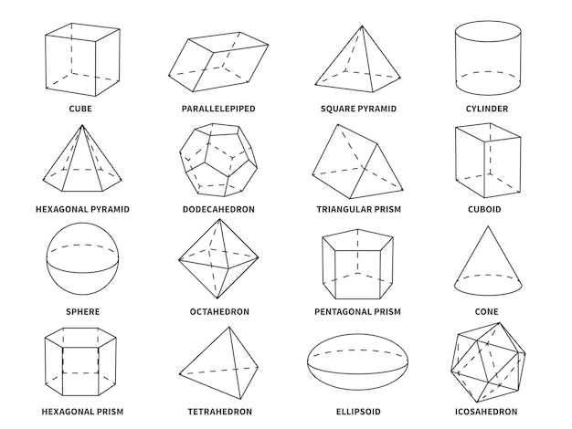 Premium vector geometric d line shapes geometry linear forms triangle tetrahedron and cone sphere and pyramid hexagonal and prism objects vector education set