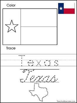 Texas color the flag and trace the state print and cursive handwriting