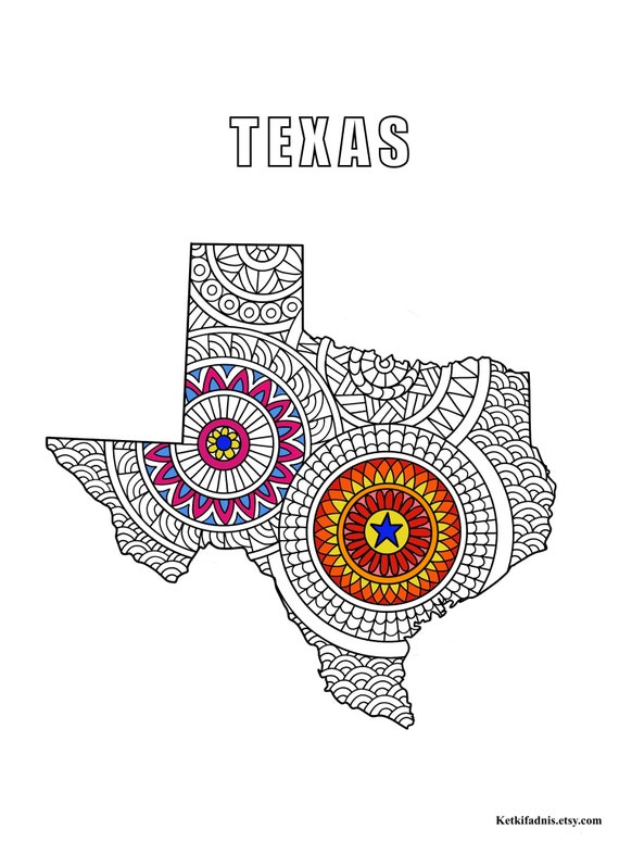 Texas map colouring page digital download pdf zentangle colouring page