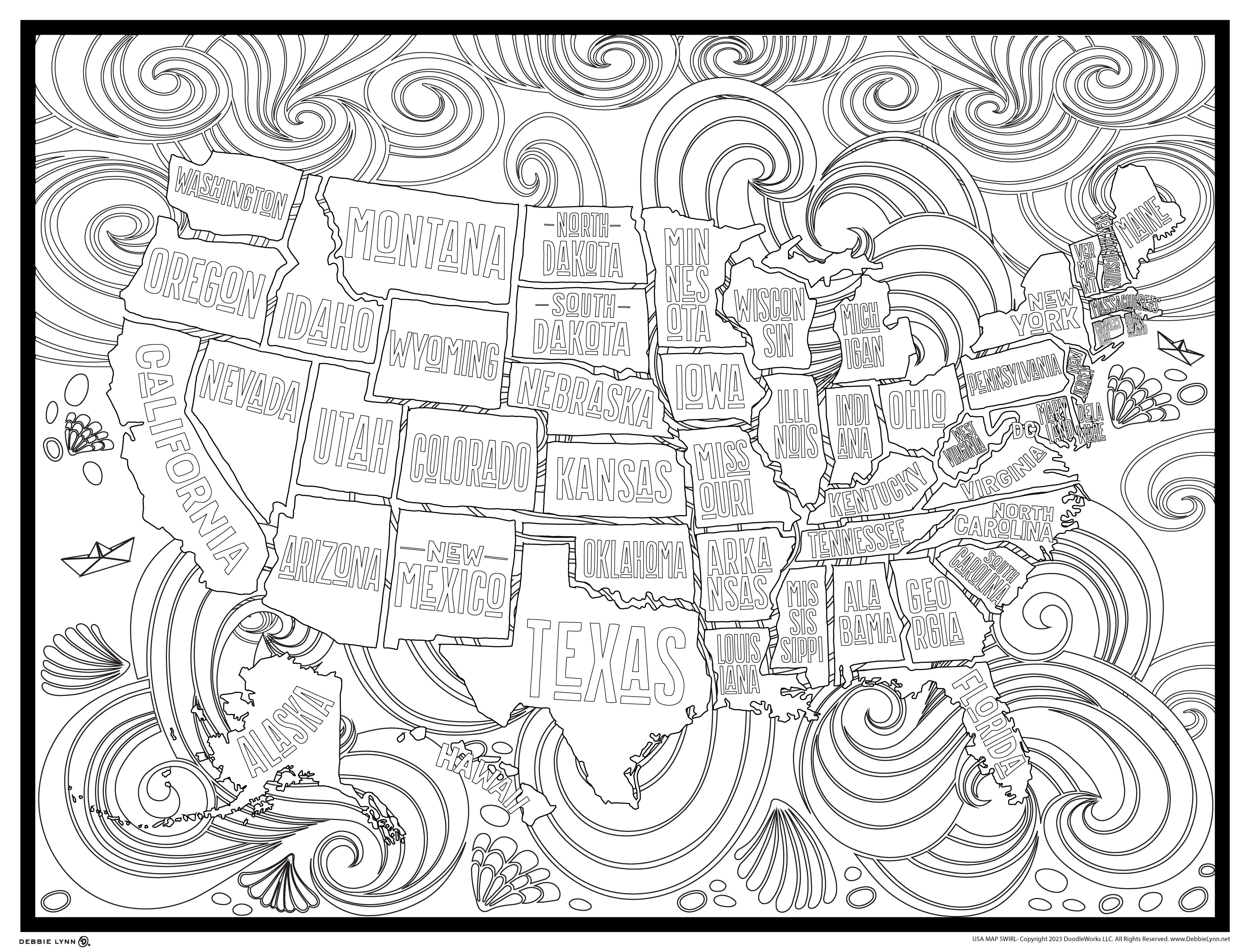 Usa map swirl giant coloring poster â debbie lynn