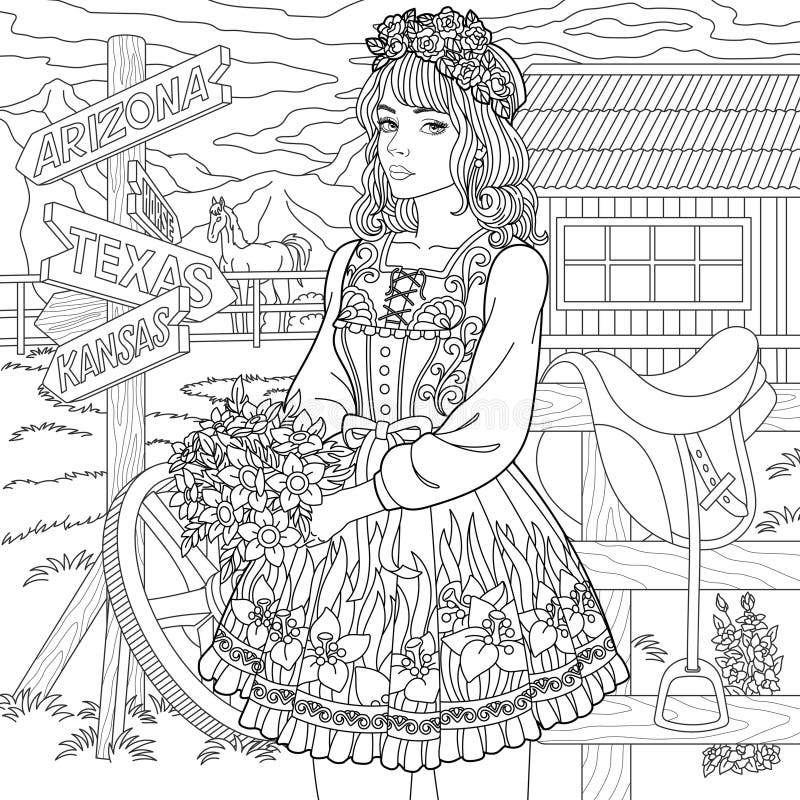 Girl floral dress coloring page stock illustrations â girl floral dress coloring page stock illustrations vectors clipart