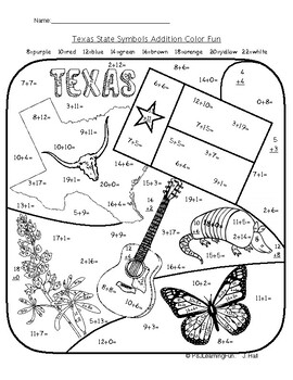 Texas state symbols addition color fun by two lollipops tpt