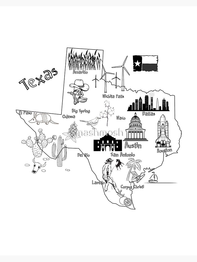 Texas tourist map with landmarks and famous symbolsusa united states art board print for sale by mashmosh