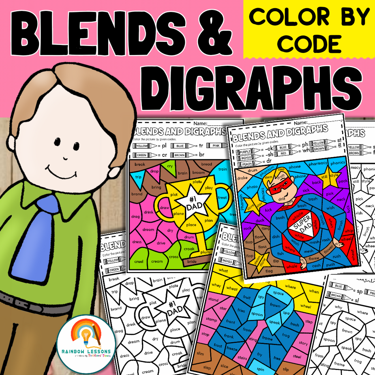 Fathers day coloring pages fathers day color by code blends and digraphs