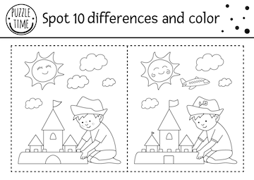 Premium vector summer find differences game for children with cute kid building sandcastle beach holidays black and white activity and coloring page with funny boy and sun printable worksheet xa