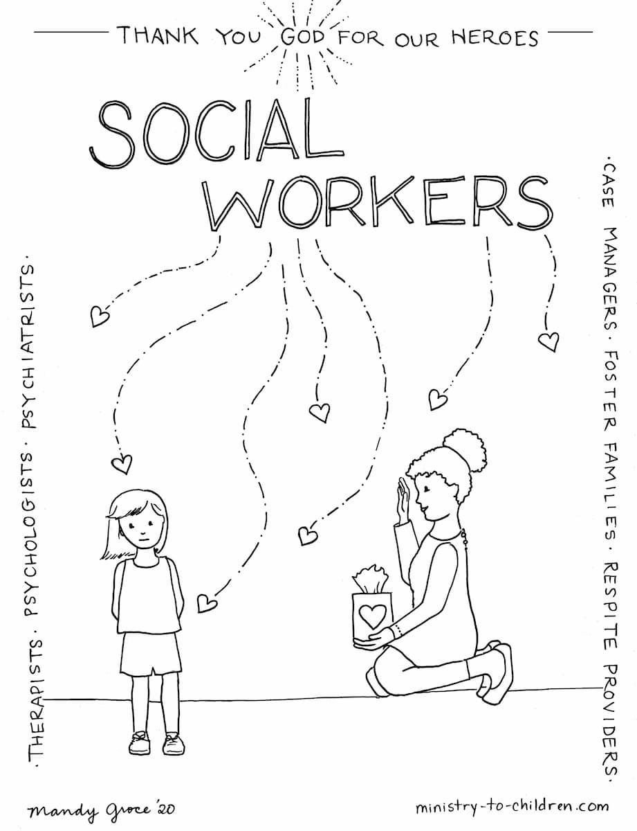 Coloring page social workers are heroes