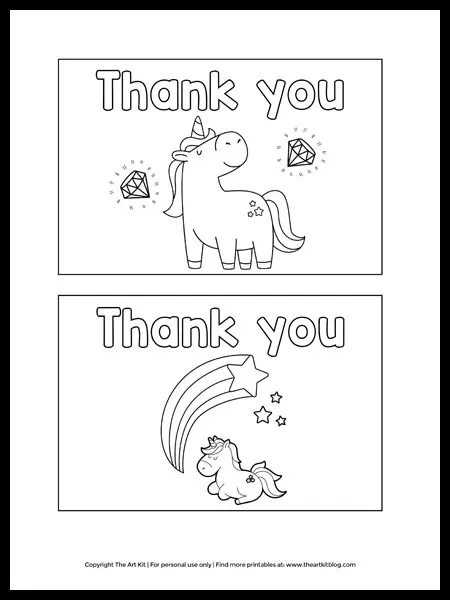 Free printable unicorn thank you cards to color â the art kit