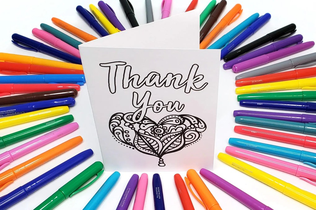 Thank you card printable colouring page craft art with crystal