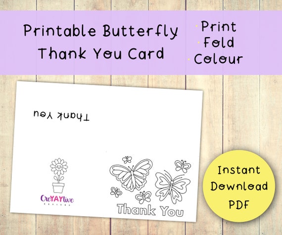 Printable butterfly thank you card kids colouring card instant download thank you template