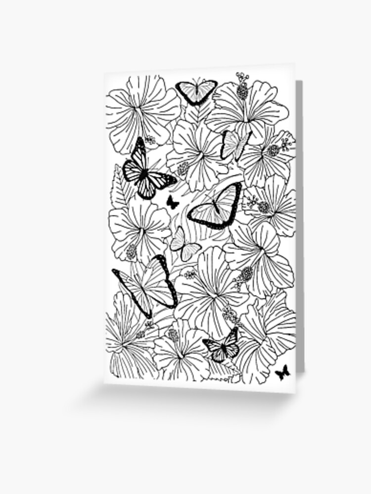 Butterflies and tropical flowers colouring page greeting card for sale by hothibiscus