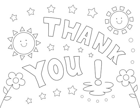 Thank you coloring page black and white illustration with a cartoon sun flowers and stars you can print it on standard x inch paper illustration