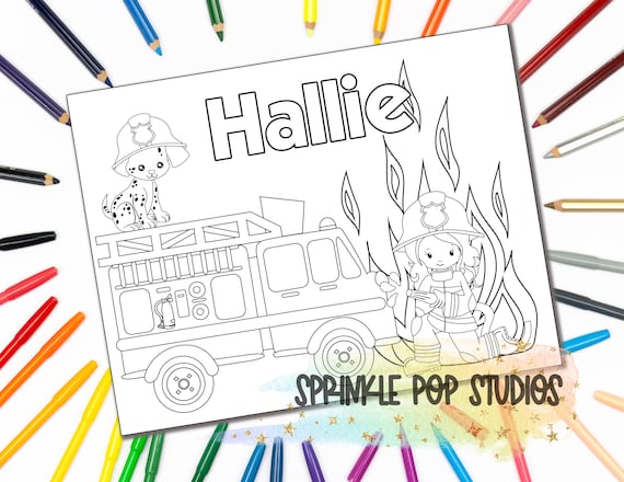 Personalized coloring page firefighter girl custom coloring book page with name digital download coloring pages for kids