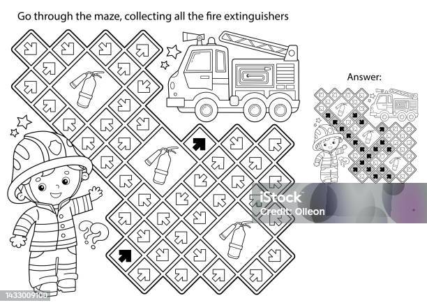 Coloring page outline of cartoon fire truck with fireman or firefighter fire fighting professional transport coloring book for kids stock illustration