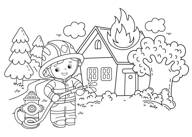 Coloring page outline of cartoon fireman or firefighter with fire hydrant fire fighting coloring book for kids stock illustration