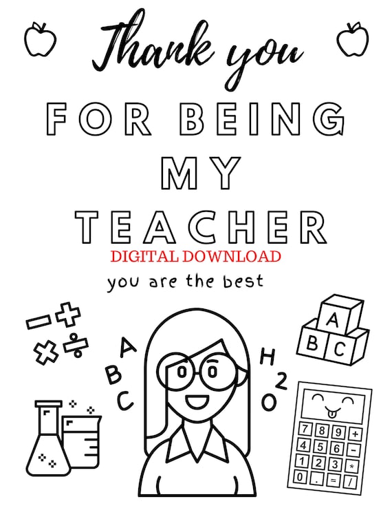 Thank you for being my teacher coloring page female version instant download